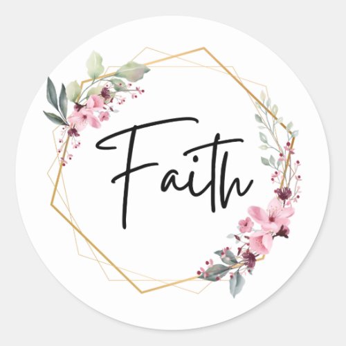 Faith Pink and Green Floral Gold Frame  Classic Round Sticker