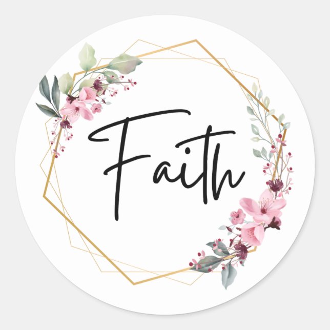 Faith Pink and Green Floral Gold Frame | Classic Round Sticker (Front)