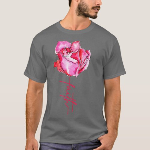 Faith Pink Red Rose Watercolor Floral Art Illustra T_Shirt