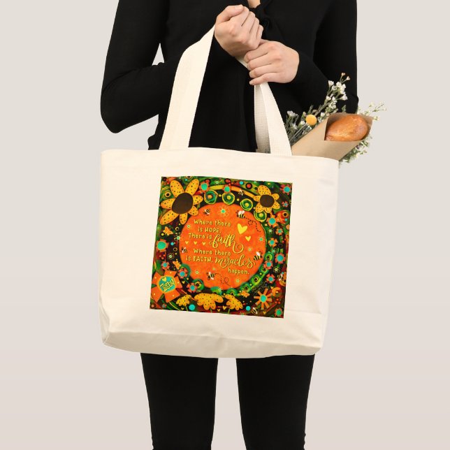 Faith Pretty Orange Yellow Floral Bumblebee Irelyn Large Tote Bag (Front (Product))