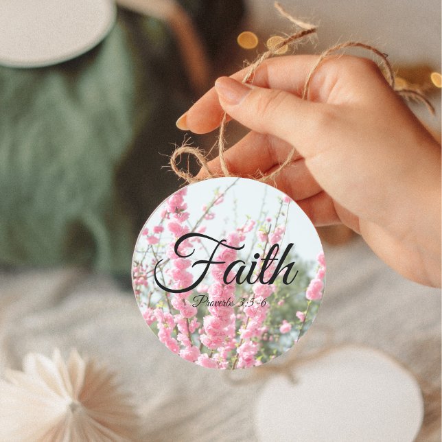 Faith Proverbs 3:5-6 Verse Elegant Pink Flowers Classic Round Sticker (Creator Uploaded)