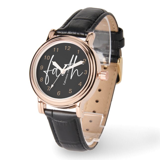Faith Simple Bible Verse Quote Black Typography  Watch (Angle)