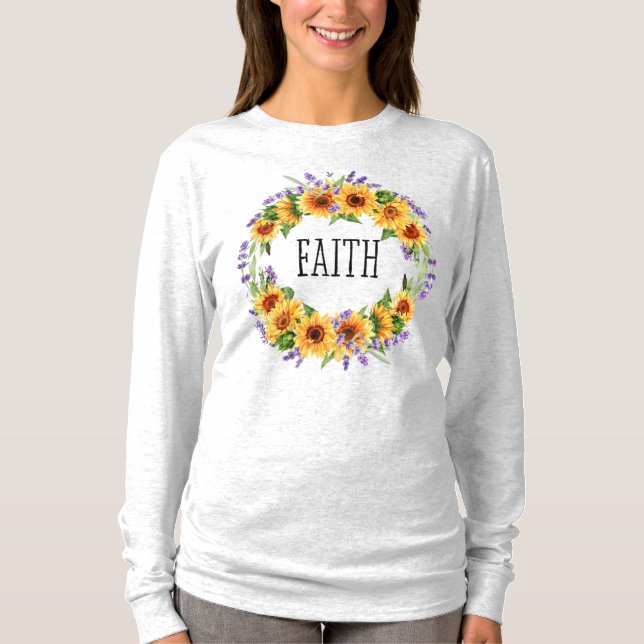 Faith Sunflower and Lavender Floral Wreath T-Shirt (Front)
