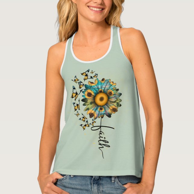 Faith Sunflowers Butterflies Blue Green Christian Tank Top (Front)
