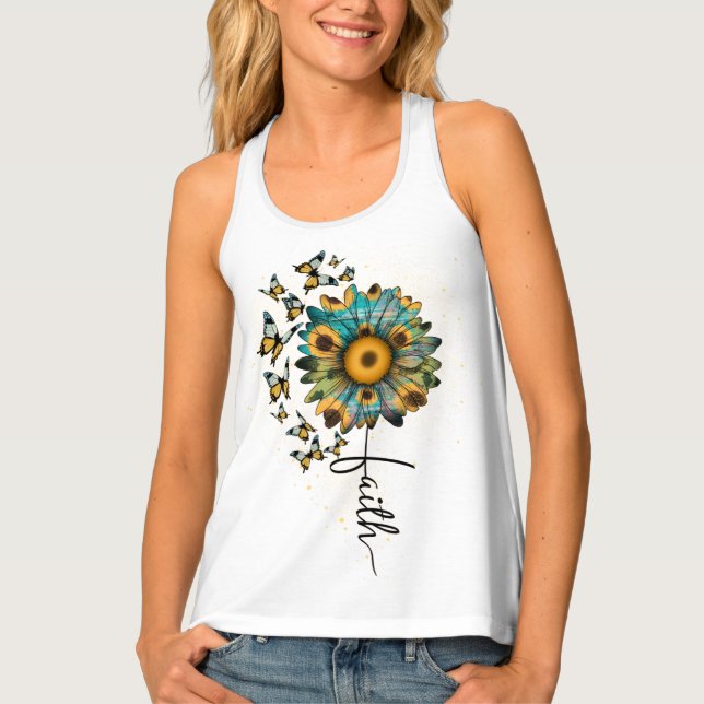 Faith Sunflowers Butterflies Blue Yellow Christian Tank Top (Front)