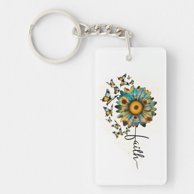 Faith Sunflowers Butterflies Christian Religious Keychain (Front)