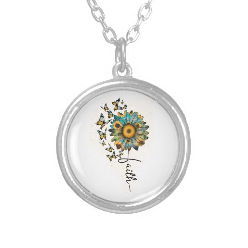 Faith Sunflowers Butterflies Christian Religious Silver Plated Necklace