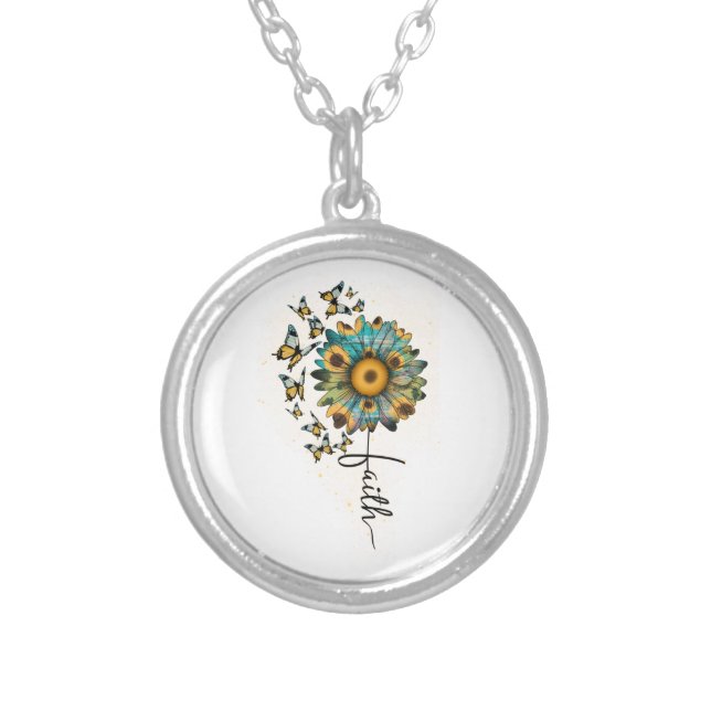 Faith Sunflowers Butterflies Christian Religious Silver Plated Necklace (Front)
