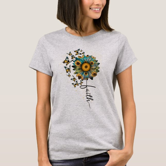 Faith Sunflowers Butterflies Christian Religious T-Shirt (Front)