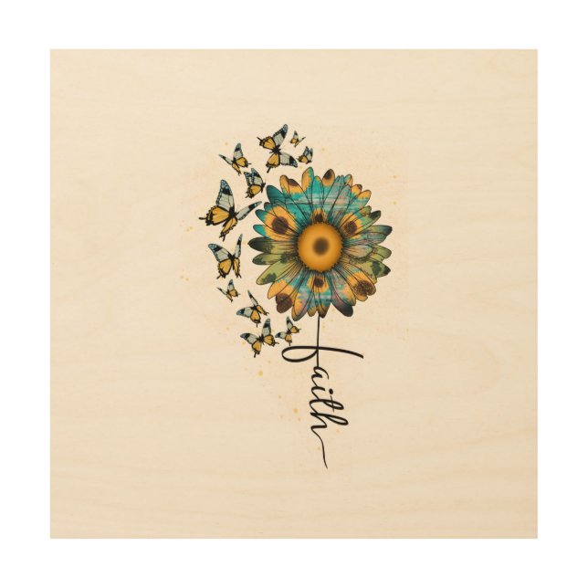 Faith Sunflowers Butterflies Christian Religious Wood Wall Art (Front)