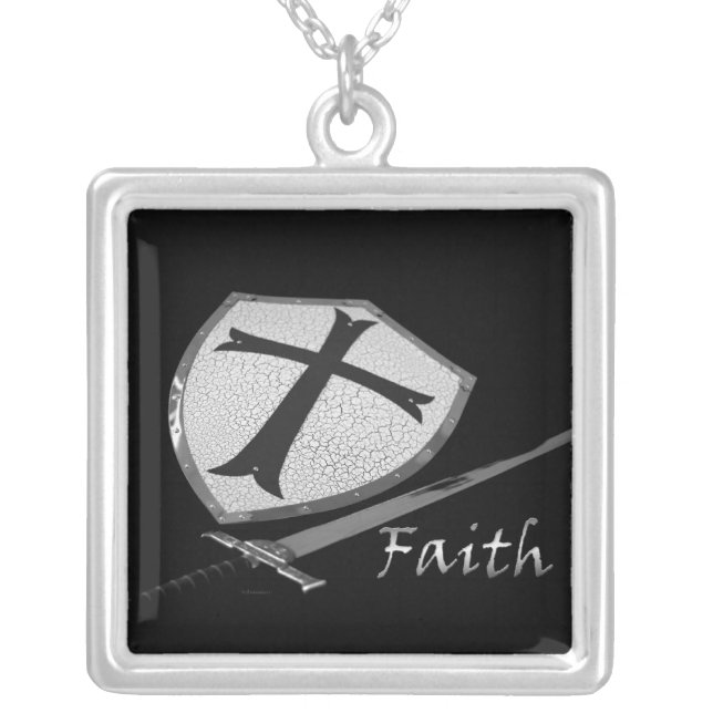 FAITH   sword and shield Silver Plated Necklace (Front)