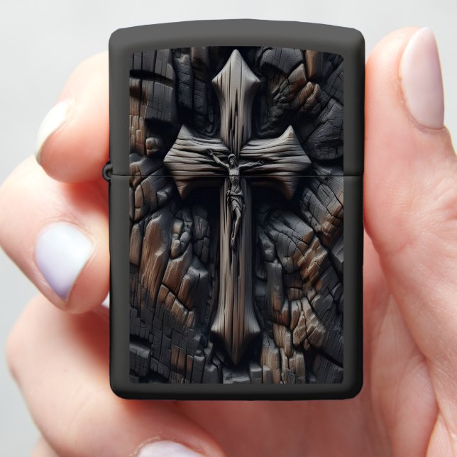 Faith Through Fire: Carved Cross on Wood Zippo Lighter (In Hand)