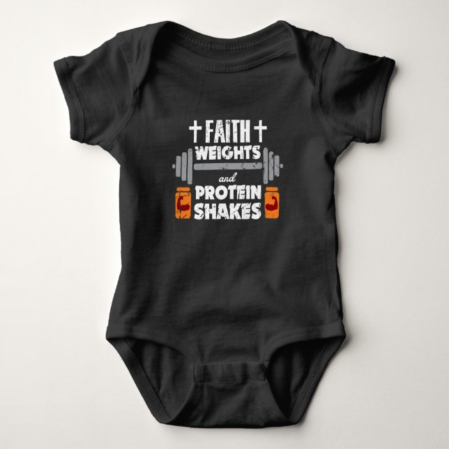 Faith Weights Christian Gym Humor Exercise Workout Baby Bodysuit (Front)