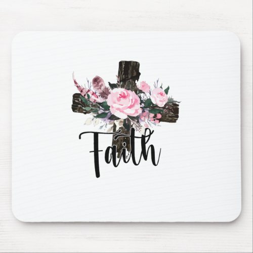 Faith Wood Cross with Flowers Christian Faith Mouse Pad