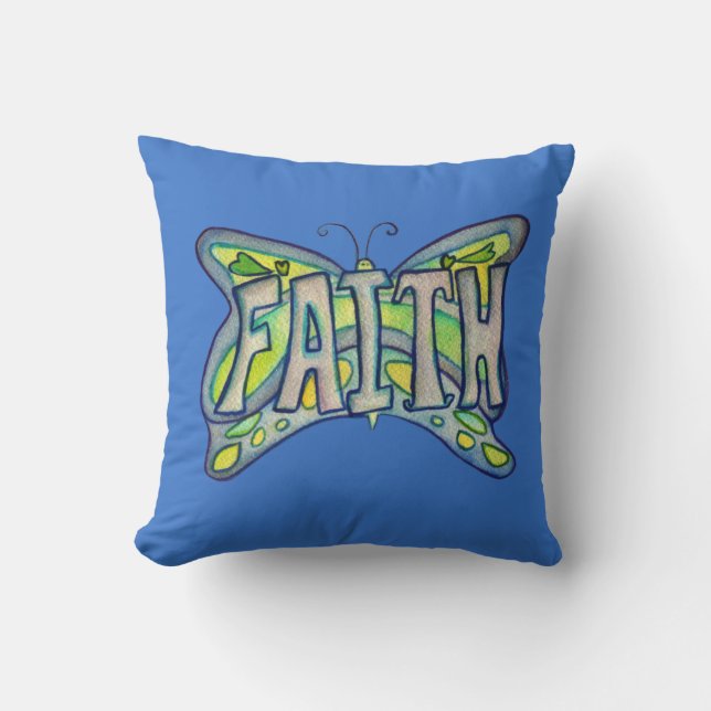 Faith Word Art Blue Butterfly Accent Throw Pillows (Front)
