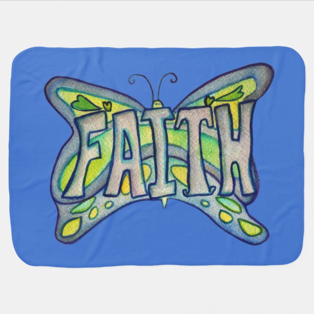 Faith Word Art Blue Butterfly Wings Soft Blanket (Horizontal)