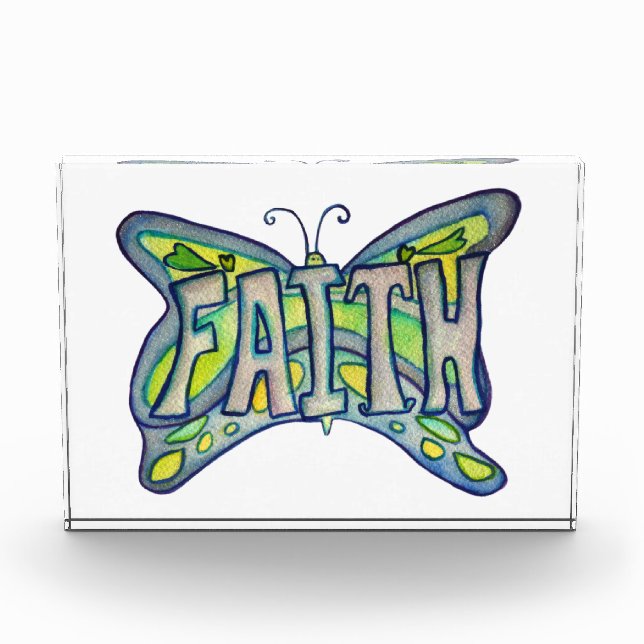 Faith Word Blue Butterfly Art Paperweight Award (Front)
