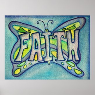 Faith Word Blue Butterfly Art Print Posters
