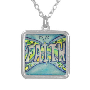 Faith Word Blue Butterfly Necklace Art Jewelry
