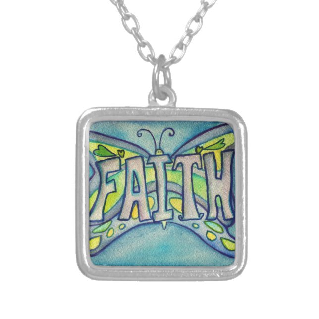 Faith Word Blue Butterfly Necklace Art Jewelry (Front)