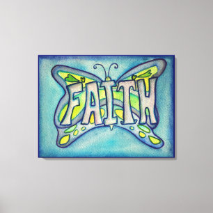 Faith Word Blue Butterfly Painting Canvas Artwork
