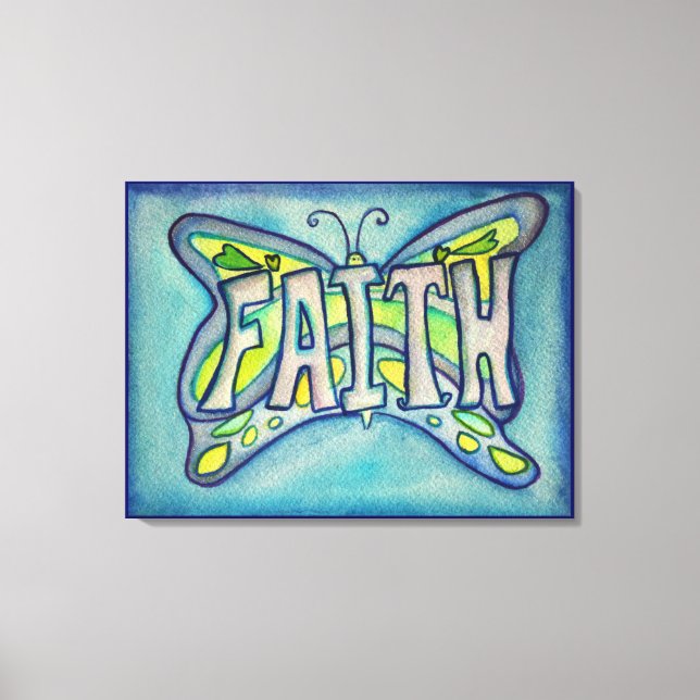 Faith Word Blue Butterfly Painting Canvas Artwork (Front)