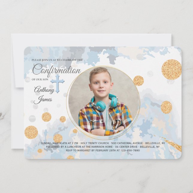 Faithful Blue Photo Religious Invitation (Front)