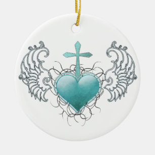 Faithful Crystal Blue Heart Ceramic Ornament