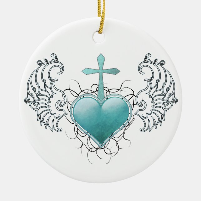 Faithful Crystal Blue Heart Ceramic Ornament (Front)