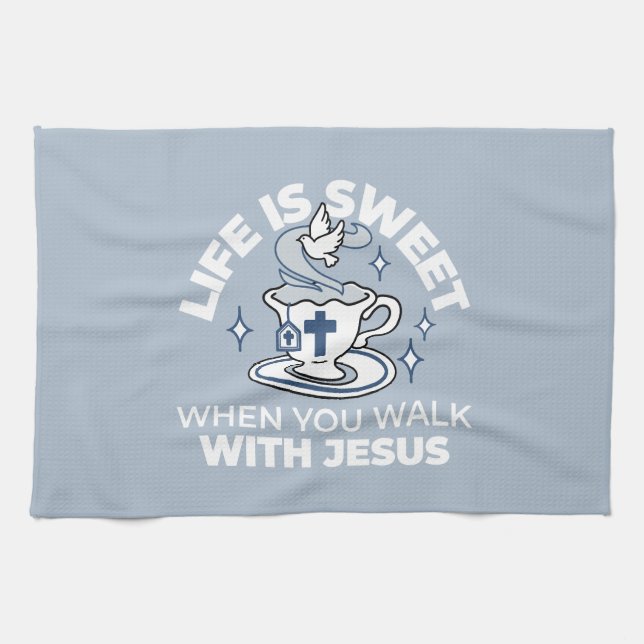 Faithful Living Art – Teacup with Cross and Dove  Kitchen Towel (Horizontal)
