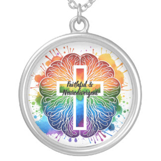 Faithful & Neurodivergent - Rainbow Brain Cross Silver Plated Necklace