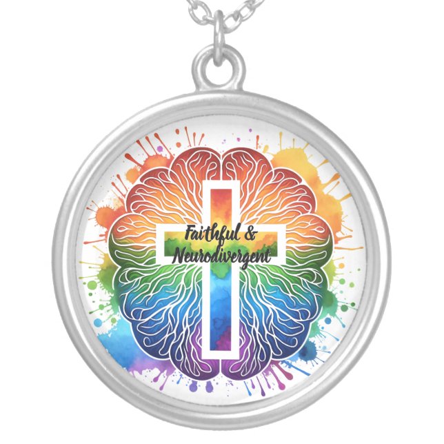 Faithful & Neurodivergent - Rainbow Brain Cross Silver Plated Necklace (Front)