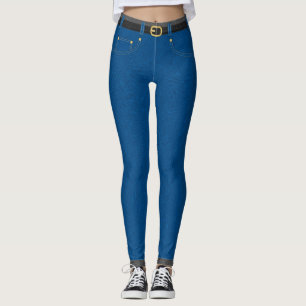 Fake Blue Denim Jeans With Belt, Pockets & Rivets Leggings