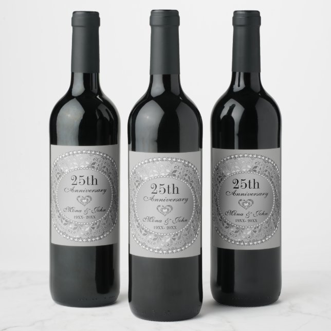 Fake Diamonds And Gold 25th Wedding Anniversary  Wine Label (Bottles)