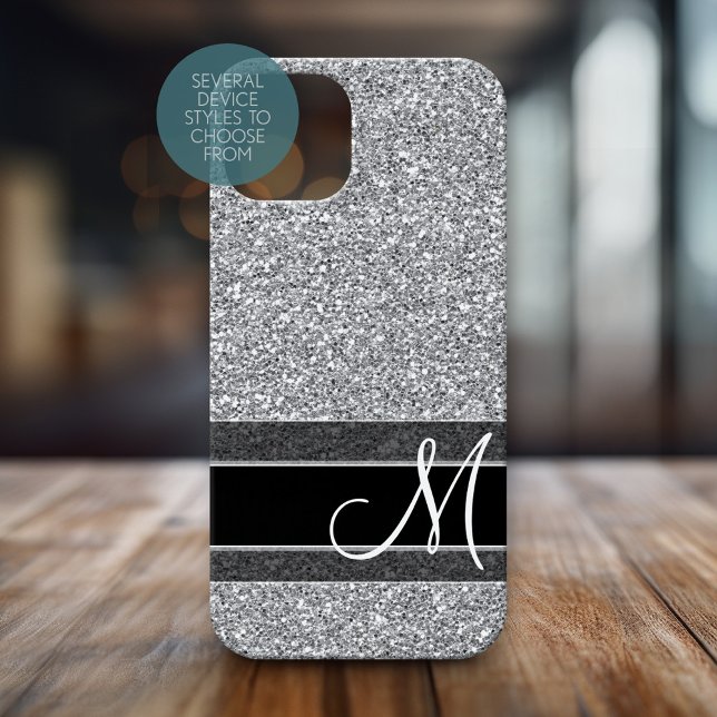 Fake Glitter Pattern Bling Monogram Silver Black Case-Mate iPhone Case (Personalized Phone Case with Monogram)