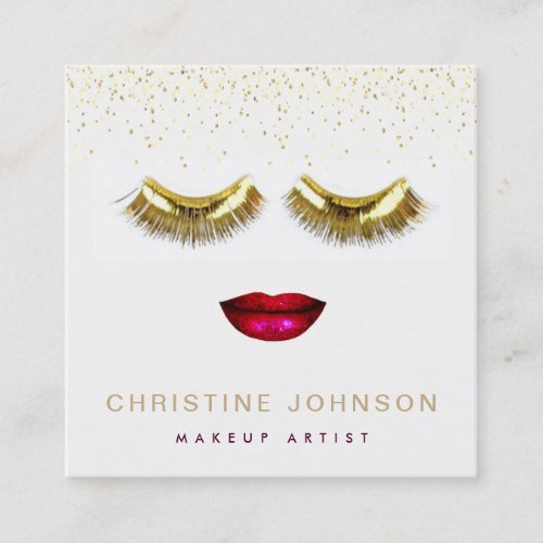 fake gold eyelashes and red lips  square business card