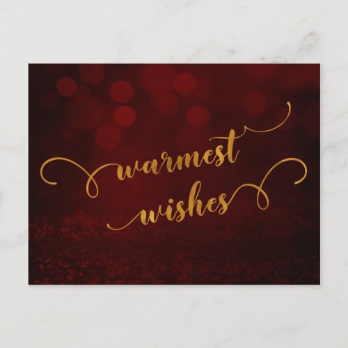 Fake Gold Typography Warmest Wishes Over Red Holiday Postcard