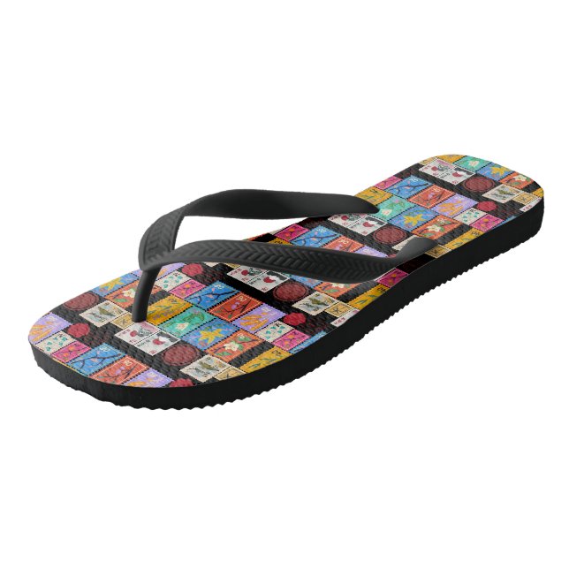 Fake Masterpiece Random Stamps Collage Collection Flip Flops (Angled)