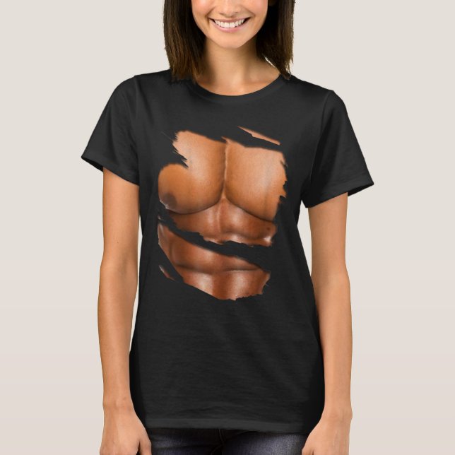 Fake Muscle Under Clothes Six Pack Ripped Abs Blac T-Shirt (Front)