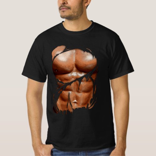 Fake Muscle Under Clothes Six Pack Ripped Abs Blac T_Shirt