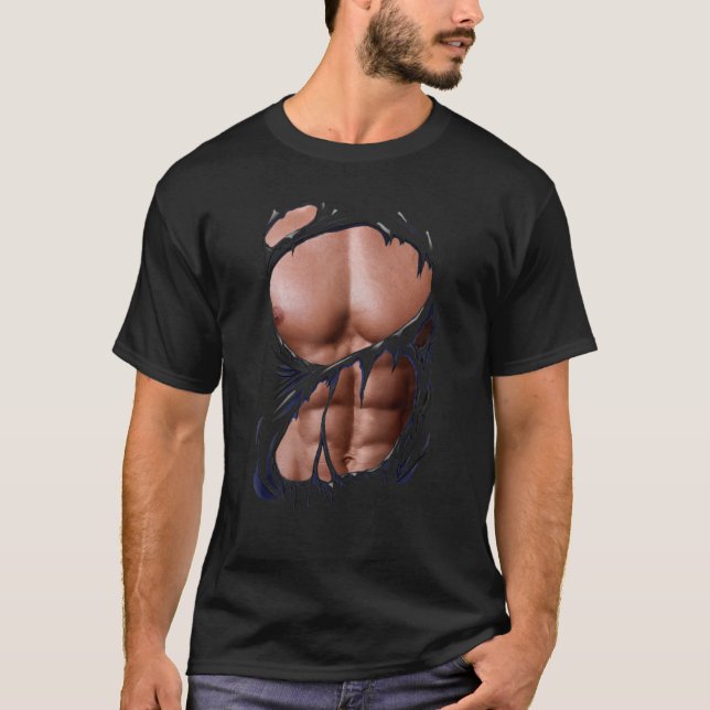 Fake Muscles Ripped Torn Chest Six Pack Abs Fitnes T-Shirt (Front)