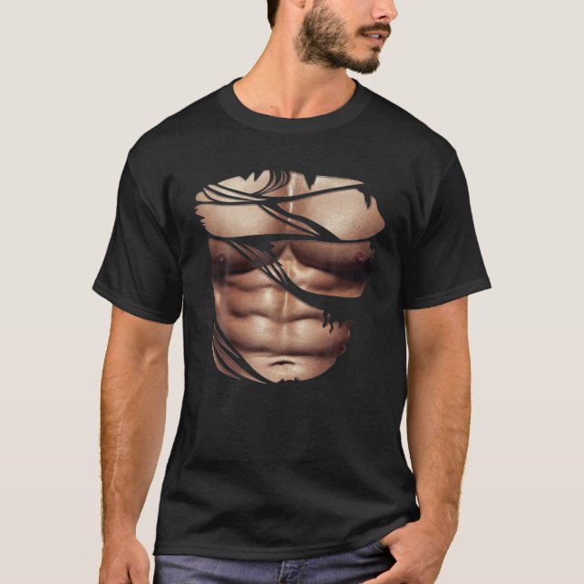 Fake Muscles Ripped Torn Chest Six Pack Abs Fitnes T-Shirt (Front)