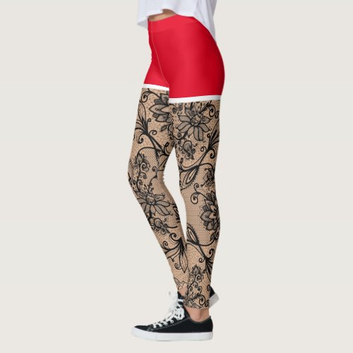 Fake_out Black Lace Flowers Red Shorts Leggings