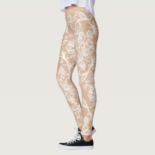 Fake_out White Lace Flowers Hummingbirds Leggings
