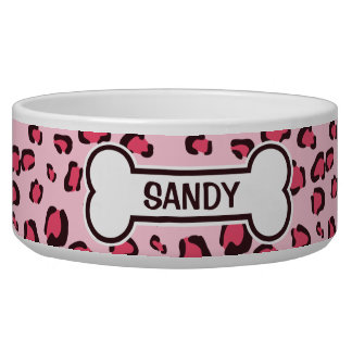 Fake Pink Leopard Print With Bone And Name Bowl