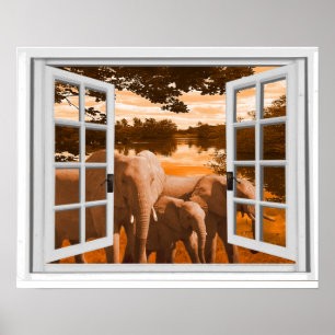 Fake Window Elephants At Sunset Poster