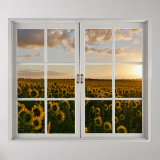 Fake Window Floral Sunflower Sunset landscape Poster