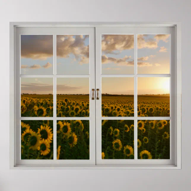 Fake Window Floral Sunflower Sunset landscape Poster | Zazzle