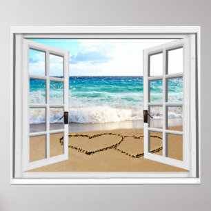 Fake Window Hearts In Sand Beach View Poster