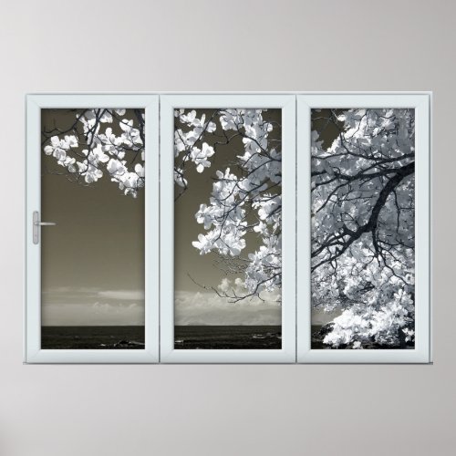 Fake Window Illusion _ Ominous White Blossoms Post Poster